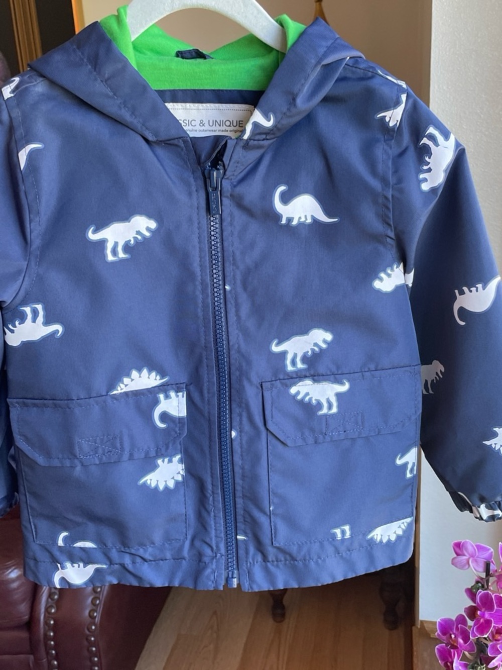 Navy Dinosaur Print Hooded Rain Jacket - Green Lining